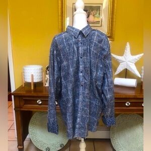 Inserch Icon Mens Navy Blue Leaf Print Long Sleeve Button Down Flip Cuff Shirt